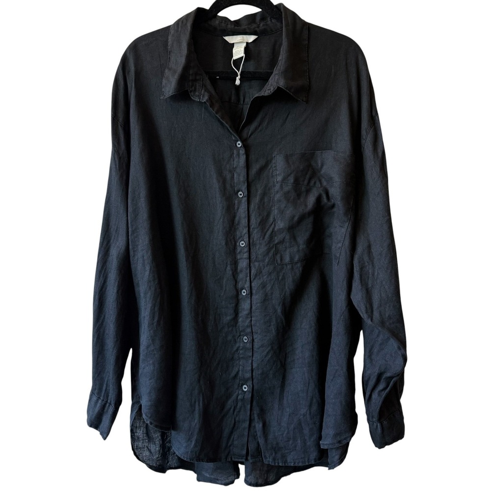 Black Linen Button Down Shirt Long Sleeve‎ Minimalist Pocket Top Coastal Casual